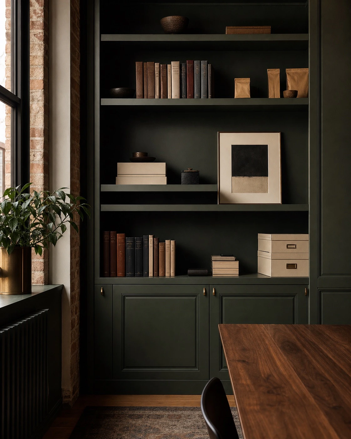 A forest-green office library with business books, archival boxes, and unbranded consumer packaging